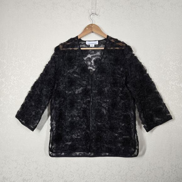 Caroline Rose Sheer Cardigan Jacket sz M Black Beaded Trim - Picture 13 of 13